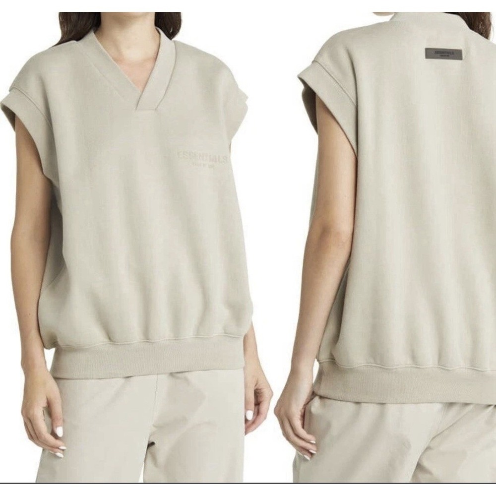 FEAR OF GOD ESSENTIALS Women Tan Sleeveless V Neck Sweatshirt Vest Top Sz Medium